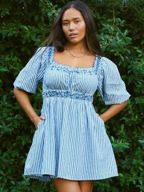 American Eagle Blue & White Striped Puff-Sleeve Mini Dress Cottagecore